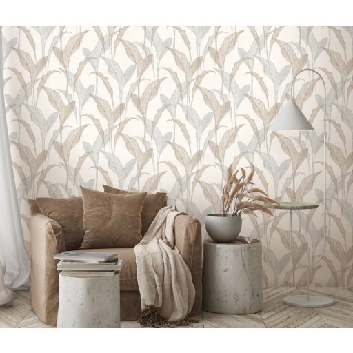 Erismann ELLE Decoration 2, 10207-08 Natur Botanikus Grafikus finoman erezett levélminta krém bézs szürkéskék bézsarany fényes mintarajzolat tapéta