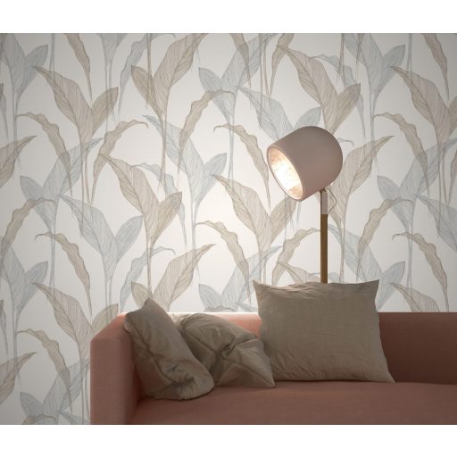 Erismann ELLE Decoration 2, 10207-08 Natur Botanikus Grafikus finoman erezett levélminta krém bézs szürkéskék bézsarany fényes mintarajzolat tapéta