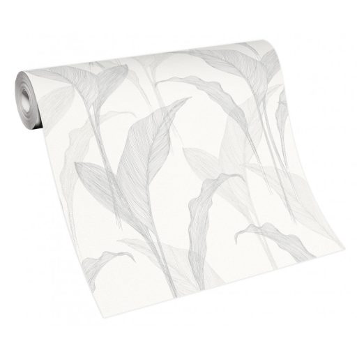Erismann ELLE Decoration 2, 10207-31 Natur Botanikus Grafikus finoman erezett levélminta fehér krém szürke ezüst fényes mintarajzolat tapéta