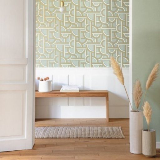 Caselio Labyrinth 102127022  IMPASS Geometrikus Mindenhova és sehova! zsákutcábó torkolló grafikus utak mandulazöld zöld fehér arany tapéta