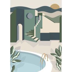   Caselio Labyrinth 102146075 ARCHWAYS Etno Mediterrán házak szépiában krém khaki zöld vízkék sötétkék szürke digitális falpanel