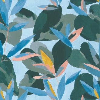   Természetes fali freskó - botanikus design világoskék kobaltkék sárga korall tapéta