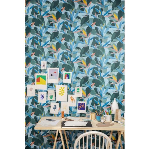 Természetes fali freskó - botanikus design világoskék kobaltkék sárga korall tapéta