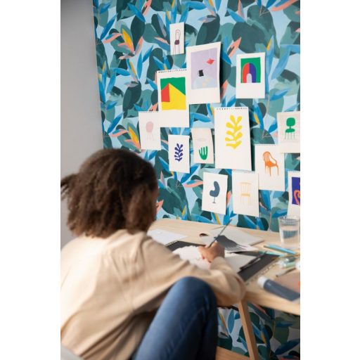 Természetes fali freskó - botanikus design világoskék kobaltkék sárga korall tapéta