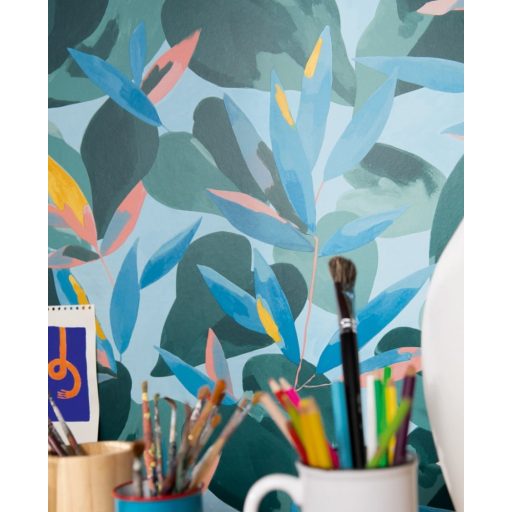 Természetes fali freskó - botanikus design világoskék kobaltkék sárga korall tapéta