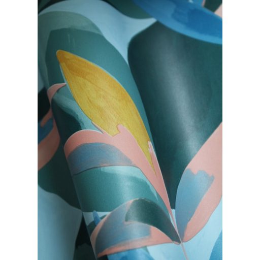 Természetes fali freskó - botanikus design világoskék kobaltkék sárga korall tapéta