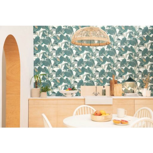 Természetes fali freskó - botanikus design fehér mentazöld arany tapéta