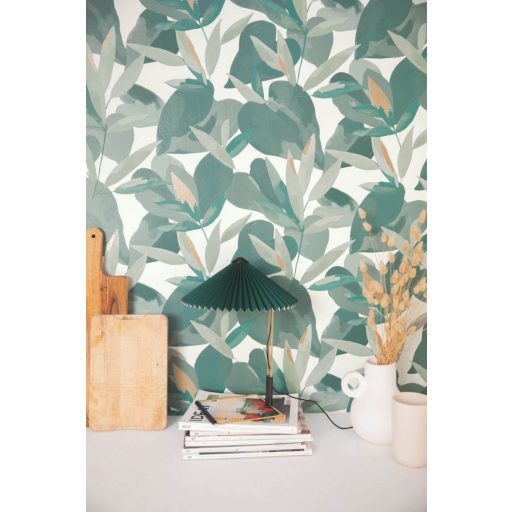 Természetes fali freskó - botanikus design fehér mentazöld arany tapéta