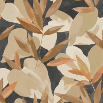   Természetes fali freskó - botanikus design fekete mogyoróbarna lazacszín krémszín arany tapéta