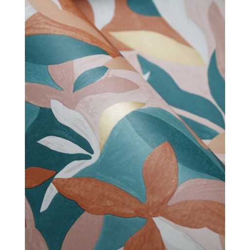 Fény és perspektíva lenyűgöző játéka - expresszionista növényi megjelenítés krém/bézs terrakotta rózsaszín zöld arany tapéta