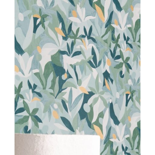 Fény és perspektíva lenyűgöző játéka - expresszionista növényi megjelenítés menta és smaragdzöld fehér arany tapéta