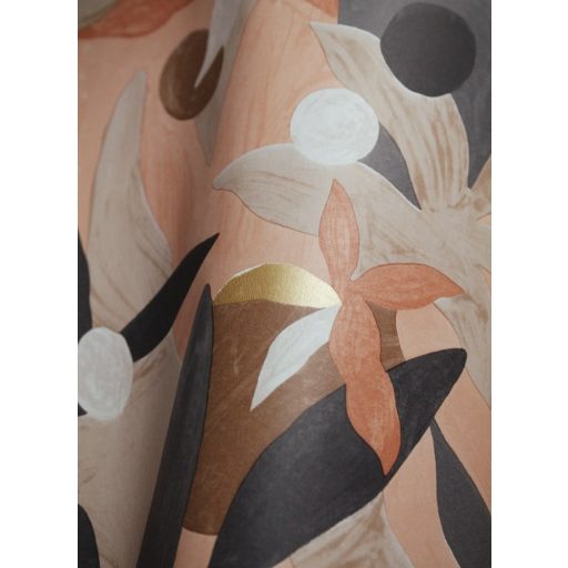 Fény és perspektíva lenyűgöző játéka - expresszionista növényi megjelenítés fekete mogyoróbarna fehér lazac arany tapéta