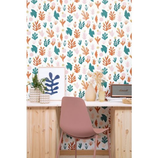 Szabadság természetbe írva - naív művészi minta fehér terrakotta rózsaszín zöld arany tapéta