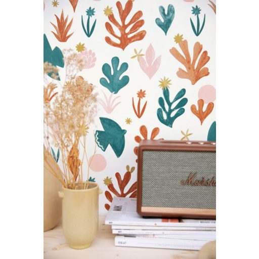 Szabadság természetbe írva - naív művészi minta fehér terrakotta rózsaszín zöld arany tapéta