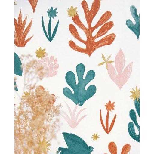 Szabadság természetbe írva - naív művészi minta fehér terrakotta rózsaszín zöld arany tapéta