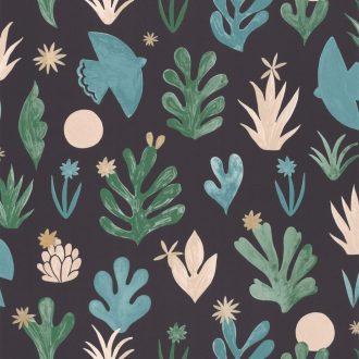   Szabadság természetbe írva - naív művészi minta fekete menta és smaragdzöld bézs arany tapéta