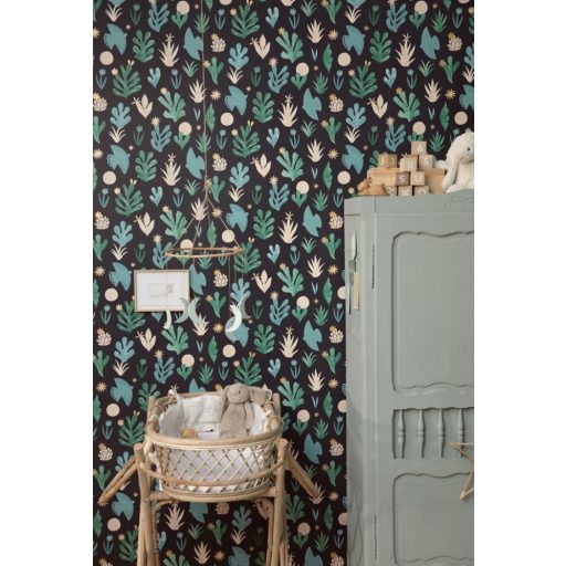 Szabadság természetbe írva - naív művészi minta fekete menta és smaragdzöld bézs arany tapéta