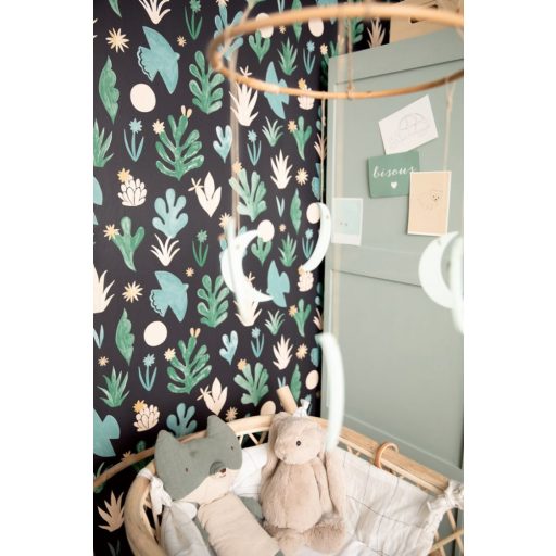 Szabadság természetbe írva - naív művészi minta fekete menta és smaragdzöld bézs arany tapéta