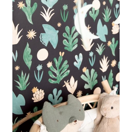 Szabadság természetbe írva - naív művészi minta fekete menta és smaragdzöld bézs arany tapéta