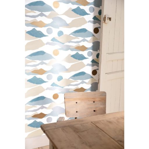 Festői hegyek vagy művészi felhők - szabadon a fantázia fehér kék bézs arany tapéta