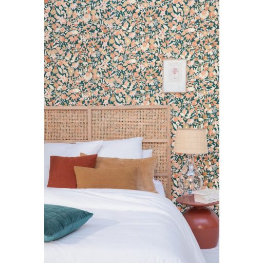 Naív és romantikus apró virágminta petrolzöld bézs terrakotta arany tapéta
