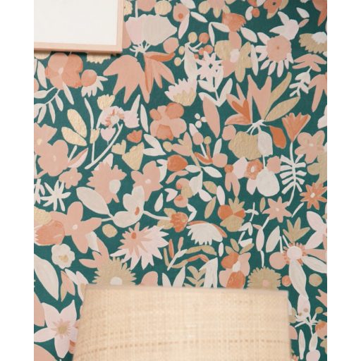 Naív és romantikus apró virágminta petrolzöld bézs terrakotta arany tapéta