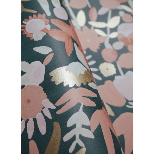 Naív és romantikus apró virágminta petrolzöld bézs terrakotta arany tapéta