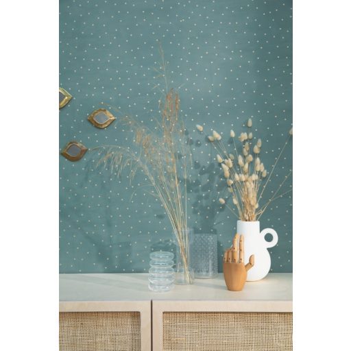 Spontán elhelyezkedő (táncoló) pöttyök zöld arany tapéta