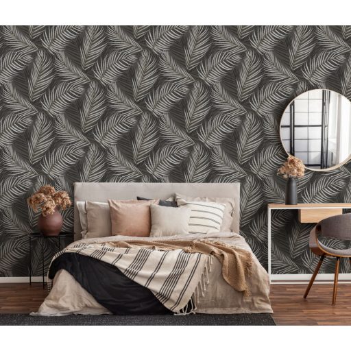 Erismann Fashion for Walls 3, 10221-15 Marbella Botanikus nagyvonalú pálmalevelek fémes kiemeléssel szürke fekete ezüst tapéta