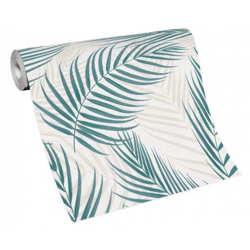 Erismann Fashion for Walls 3, 10221-19 Marbella Botanikus nagyvonalú pálmalevelek fémes kiemeléssel krémfehér bézs türkiz tapéta