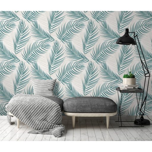 Erismann Fashion for Walls 3, 10221-19 Marbella Botanikus nagyvonalú pálmalevelek fémes kiemeléssel krémfehér bézs türkiz tapéta