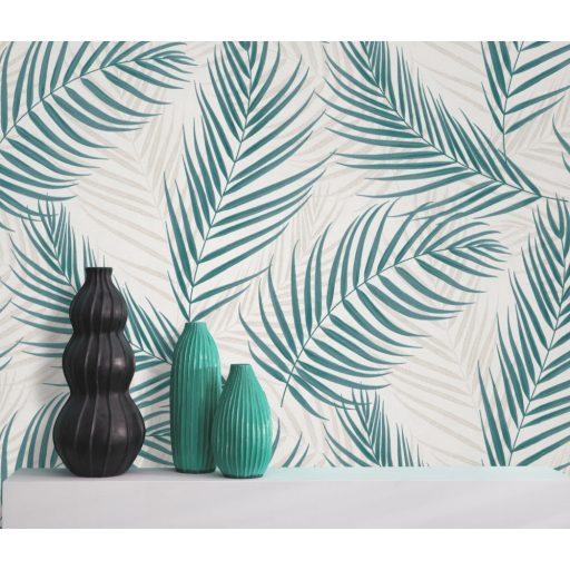 Erismann Fashion for Walls 3, 10221-19 Marbella Botanikus nagyvonalú pálmalevelek fémes kiemeléssel krémfehér bézs türkiz tapéta