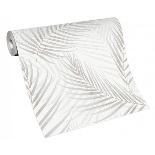 Erismann Fashion for Walls 3, 10221-31 Marbella Botanikus nagyvonalú pálmalevelek fémes kiemeléssel fehér szürke szürkésbézs  tapéta