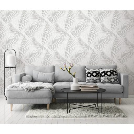 Erismann Fashion for Walls 3, 10221-31 Marbella Botanikus nagyvonalú pálmalevelek fémes kiemeléssel fehér szürke szürkésbézs  tapéta