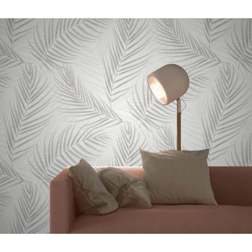Erismann Fashion for Walls 3, 10221-31 Marbella Botanikus nagyvonalú pálmalevelek fémes kiemeléssel fehér szürke szürkésbézs  tapéta