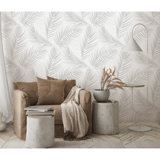 Erismann Fashion for Walls 3, 10221-31 Marbella Botanikus nagyvonalú pálmalevelek fémes kiemeléssel fehér szürke szürkésbézs  tapéta