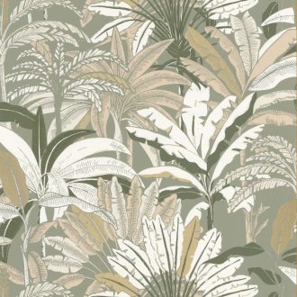   Caselio Escapade 102307128 Evasion Trópusi pálmafák fehér bézs khakizöld árnyalatok arany tapéta