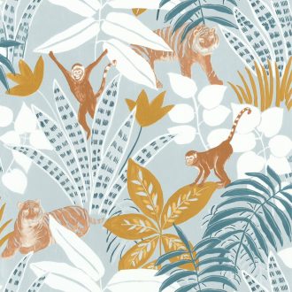   Caselio Escapade 102316226 Aventure Trópusi kaland a vadonban tigrisek és majmok társaságában fehér vízkék sárga kék barna tapéta
