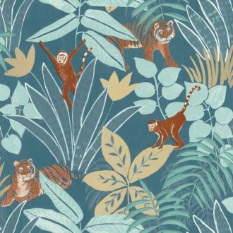   Caselio Escapade 102316638 Aventure Trópusi kaland a vadonban tigrisek és majmok társaságában kék türkiz bézs barna arany tapéta