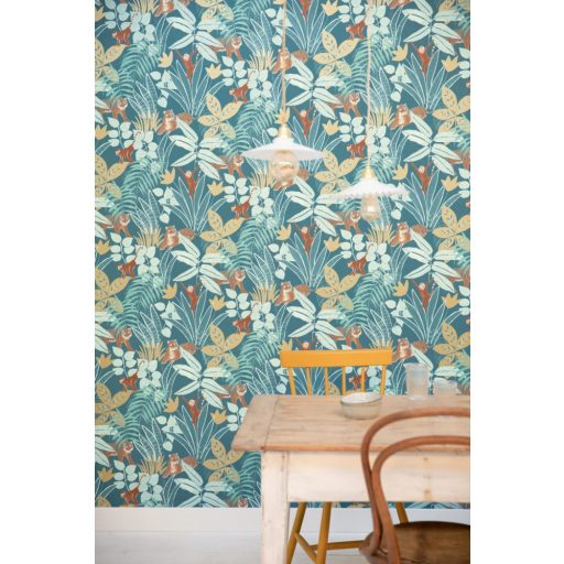 Caselio Escapade 102316638 Aventure Trópusi kaland a vadonban tigrisek és majmok társaságában kék türkiz bézs barna arany tapéta