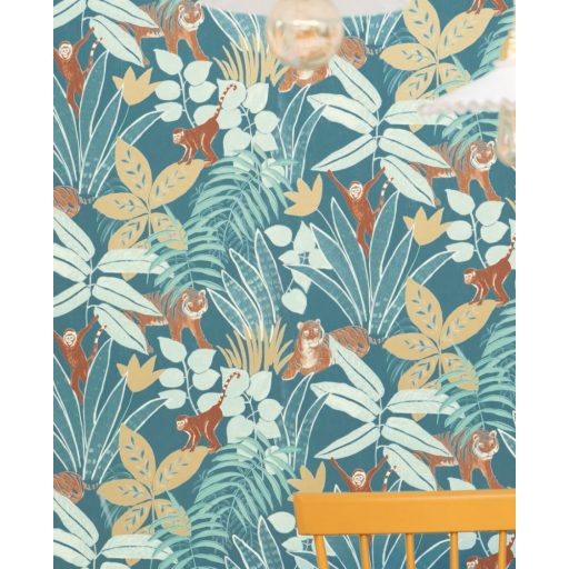 Caselio Escapade 102316638 Aventure Trópusi kaland a vadonban tigrisek és majmok társaságában kék türkiz bézs barna arany tapéta