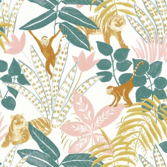   Caselio Escapade 102317244 Aventure Trópusi kaland a vadonban tigrisek és majmok társaságában fehér zöld okkersárga rózsaszín tapéta