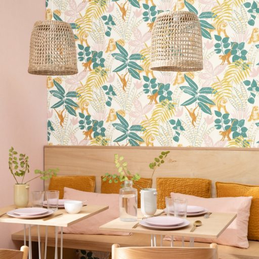 Caselio Escapade 102317244 Aventure Trópusi kaland a vadonban tigrisek és majmok társaságában fehér zöld okkersárga rózsaszín tapéta