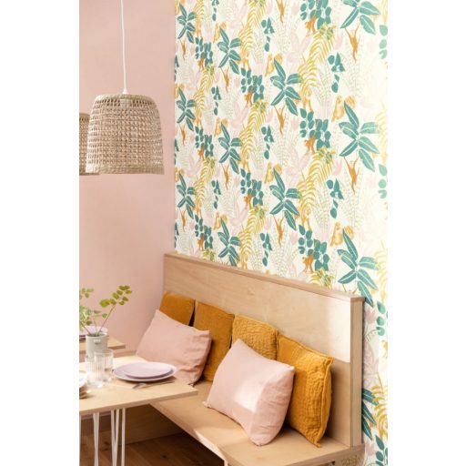 Caselio Escapade 102317244 Aventure Trópusi kaland a vadonban tigrisek és majmok társaságában fehér zöld okkersárga rózsaszín tapéta