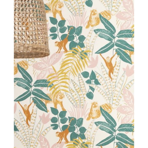 Caselio Escapade 102317244 Aventure Trópusi kaland a vadonban tigrisek és majmok társaságában fehér zöld okkersárga rózsaszín tapéta