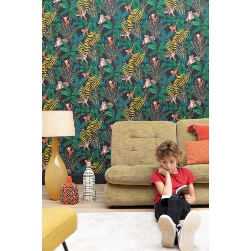 Caselio Escapade 102319704 Aventure Trópusi kaland a vadonban tigrisek és majmok társaságában fekete kék zöld sárga barna tapéta