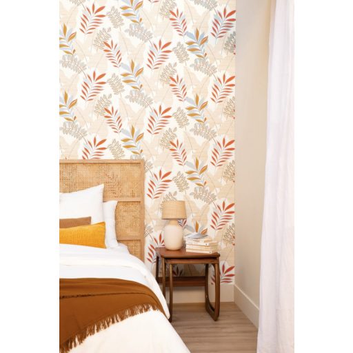 Caselio Escapade 102322606 Voyage Utazás a flóra-fauna világába cserjék levelei fehér bézs okkersárga narancs vízkék irizáló hatás tapéta