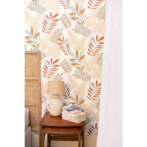 Caselio Escapade 102322606 Voyage Utazás a flóra-fauna világába cserjék levelei fehér bézs okkersárga narancs vízkék irizáló hatás tapéta