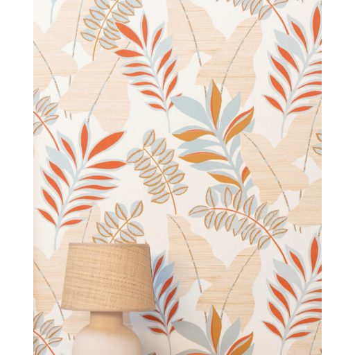 Caselio Escapade 102322606 Voyage Utazás a flóra-fauna világába cserjék levelei fehér bézs okkersárga narancs vízkék irizáló hatás tapéta