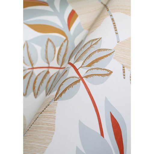 Caselio Escapade 102322606 Voyage Utazás a flóra-fauna világába cserjék levelei fehér bézs okkersárga narancs vízkék irizáló hatás tapéta